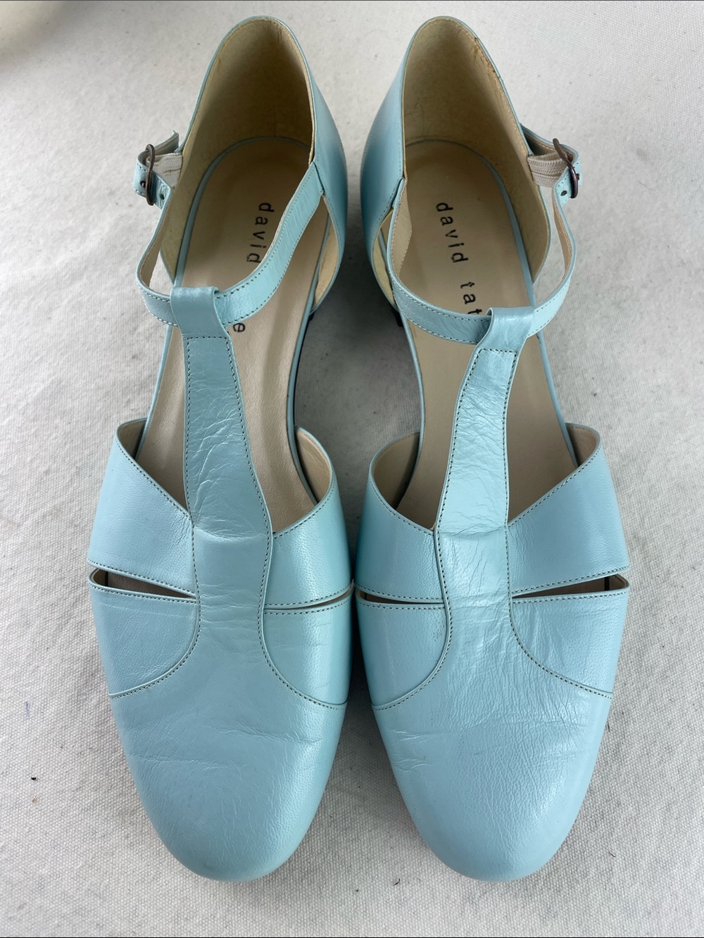 David Tate Sky Blue Leather T-Strap Mules Size 11